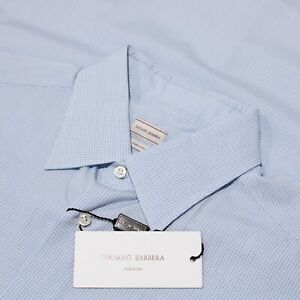 Luciano Barbera NWT Dress Shirt Size 16.5 42 US In Blue Small Plaid 100% Cotton
