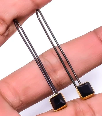 Серьги позолоченные двухцветные серебро 925 черный оникс 1,95 дюйма E7616-16 - Изображение 1 из 4