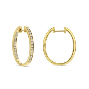 14K Yellow Gold Diamond Inside Out Oval Hoop Earrings 0.50 CT Round Cut F VVS2 - Picture 1 of 2