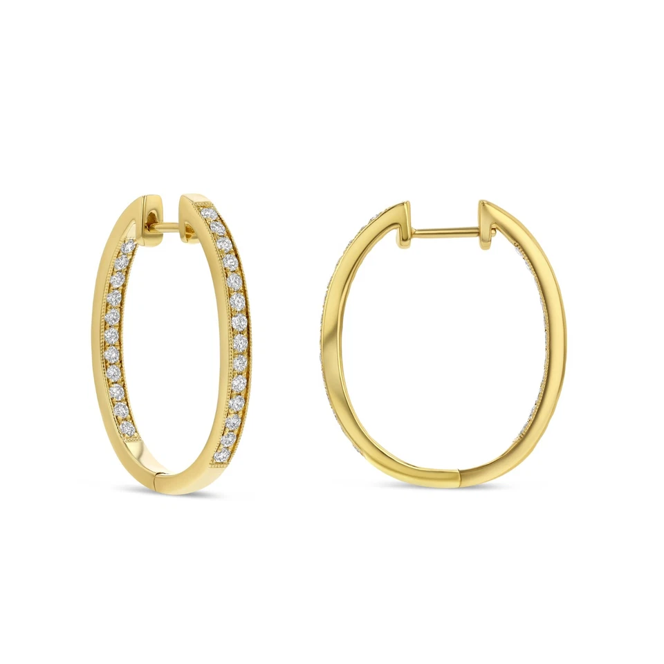 14K Yellow Gold Diamond Inside Out Oval Hoop Earrings 0.50 CT Round Cut F VVS2 - Image 1 of 2