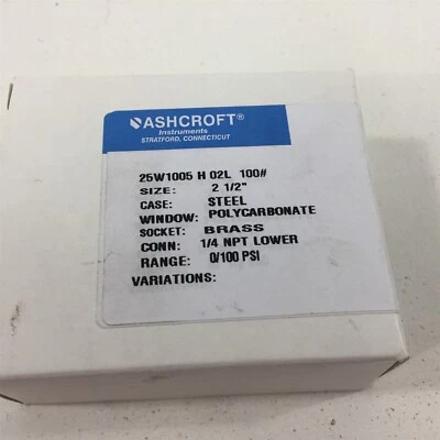 Ashcroft 25W1005 H 02L Pressure Gauge 2-1/2" 0-100PSI 1/4" NPT  - Image 1 of 4