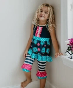 NWT GIRLS 7 BLUE & PINK MIX of  POLKA DOT S, STRIPES & FLORALS TUNIC & CAPRI SET - Picture 1 of 4