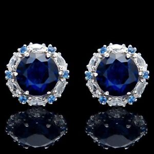 3CT Round Cut Blue Sapphire Lab Created Push Back Earrings 14K White Gold Plated