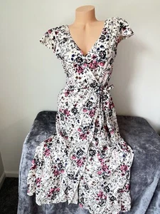 Maxi Vestido BOG Collective Marfil Rosa Azul Floral Sobrepelliz Cuello Imitación Envoltura Talla XS - Imagen 1 de 11