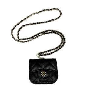 CHANEL Authentic Caviar Skin Black Coco Mark Matelasse Airpods Case 6.3cm wide - Picture 1 of 9