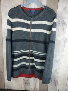 Pendleton Sweater Cardigan Lambs Wool Zip Up Womens Small Grey Black Striped - Picture 1 of 8
