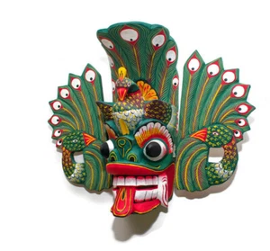 10" Sri Lankan Handmade Wood Wall Hanging Home Decor Peacock Tiki Mask - Picture 1 of 8