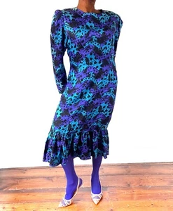 1980s Silk Cocktail Dress - Entente - Blue / Purple Leopard Print - Fit 12 / 14 - Picture 1 of 12
