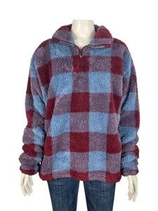 Eddie Bauer Fast Fleece Plush 1/4 Zip Pullover Womens Large Red Blue Plaid - Picture 1 of 7