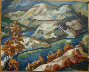 Pintura al óleo soviética ucraniana URSS paisaje postimpresionismo lago de montaña - Imagen 1 de 4