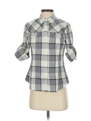 全新带标签 Theory 女式灰色 3/4 袖纽扣衬衫 P — 第 1/4 张图片