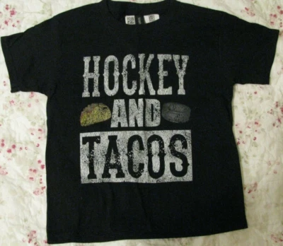 Hockey and Tacos T-shirt Kid Size XS-8 Anvil Lightweight Cotton Black - Image 1 of 4