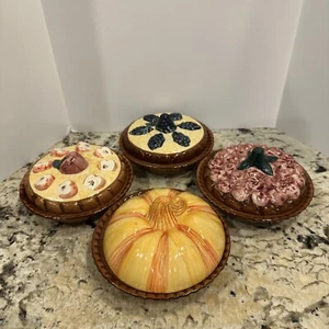 4 Pie Pottery Baking Dishes 1996 ABC Co Hand Painted Pumpkin Blueberry Cherry So - Picture 1 of 6