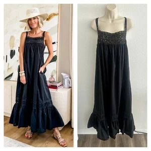 J Crew Womens L NWT Black Athena Maxi Dress Lace Eyelet Trim Trapeze Poplin - Picture 1 of 14