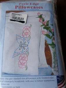 JACK DEMPSEY STAMPED FOR EMBROIDERY PERLE EDGE PILLOWCASES BUTTERFLY #1600-591 - Picture 1 of 3