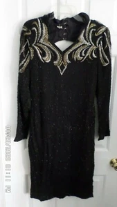 Vintage wunderschönes langes Kleid Seide schwarz/silber/gold komplett Perlen Party Cocktail - Bild 1 von 7