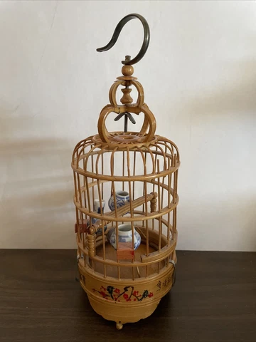 Vintage Chinese Miniature Bamboo Painted & Signed Hanging Bird Cage Cover