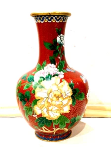 ANTIKE CHINESISCHE HANDBEMALTE EMAILLE CLOISONNE RIESIGE 12,5" H VASE BLUMEN DESIGN - Bild 1 von 10