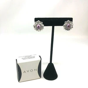 Avon Earrings Silvertone Antiqued Floral June Birthstone Amethyst Purple Color - Picture 1 of 3
