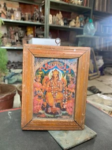 Old Antique Hindu Religious Lord Ganesha Small Lithograph Print Framed 6x4.5" - Picture 1 of 6