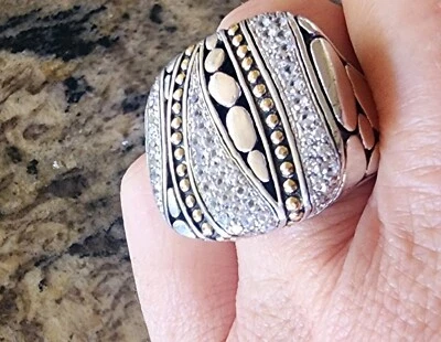 Anillo cuadrado John Hardy diamante y topacio blanco oro 18kt y .925 Kali talla 7 Foto 1 de 4