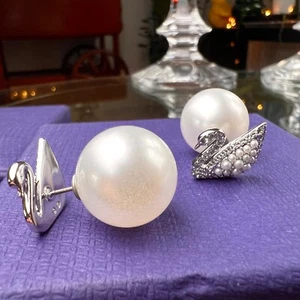 Elegant Iconic Swarovski Crystal Signature Swan Faux Pearl Stud Earrings - Picture 1 of 7