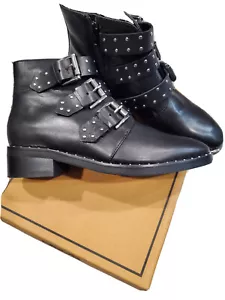 ASOS Women's SIZE 6 Ankle Boots Asher Studded Buckle Black Leather Booties - Picture 1 of 13