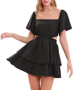 Women Sexy Summer Off Shoulder Cute Mini Dress Square Neck Ruffle Sleev (Size:M) - Picture 1 of 6
