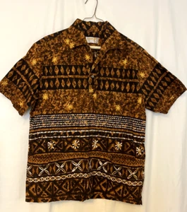 Vintage Iolani Barkcloth Hawaiian Shirt Pullover Size L 1960 Aloha Brown/Black/W - Picture 1 of 5