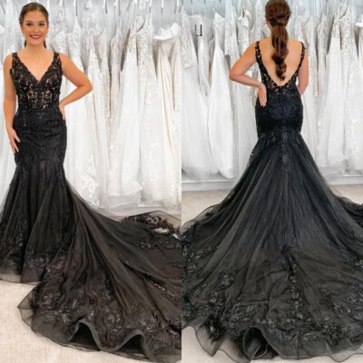 Gothic Mermaid Wedding Dresses Black V Neck Sleeveless Lace Backless Bridal Gown - Image 1 of 4