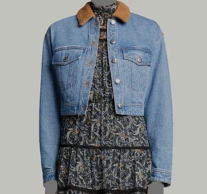 $378 Veronica Beard Women's Blue Peyton Cotton Sherpa Cropped Jean Jacket Size L - Picture 1 of 3