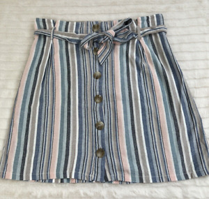 New Look Skirt Short Casual Size 12 Striped Pink & Blue Button Front Tie Waist