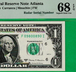 $1 Federal Reserve note RADAR Serial Numbers F 0980-0890 I Fr. 2005-F PMG 68 - Picture 1 of 3
