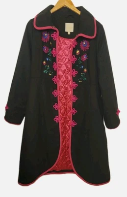 ModCloth Women’s Large Wool Bkend Coat Black/Pink Floral Embroidery Pockets - Image 1 of 4