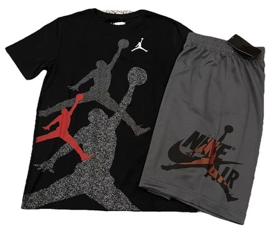 NWT NIKE AIR JORDAN BOY'S 2 PC SET BLACK SHORT SLEEVE MESH SHORTS GRAY L 12-13 - Image 1 of 4