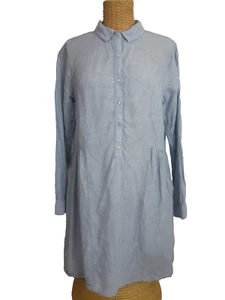 H Halston Womens M Blue Linen High Low Mini LS Shirt Dress Beach Coastal Preppy - Picture 1 of 14