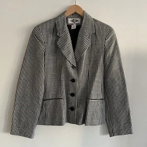 Women's Blazer Plaid Black White Linen Shoulder Pad Size 6 - Picture 1 of 10