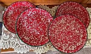 Robert Stanley Set of 4 Red & White Enamel Green Trim Dinner Plates 10 1/2" - Picture 1 of 3