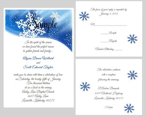 100 personalisierte individuelle Winter blau Schneeflocke Braut Hochzeitseinladungen Set - Bild 1 von 1