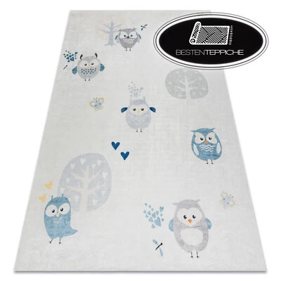 Moderner Waschteppich "BAMBINO" für Kinder Antirutsch Eulen grau praktisch - Bild 1 von 4