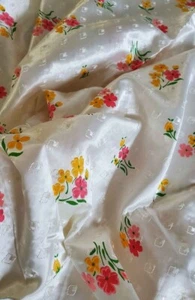 VTG 60s 70s FLORAL EMBROIDERED SATIN White Sheen PINK CORAL YELLOW 4 Yards - Picture 1 of 6