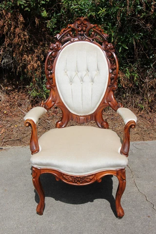 Gorgeous Walnut Victorian Heavily Carved Arm Chair with Button-tufted Cameo Back Cover