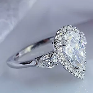 5.40Ct Pear Cut Lab Created Engagement Halo Ring 14k White Gold Plated For Her - Picture 1 of 6
