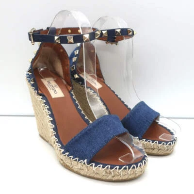 Valentino Denim Rockstud Espadrille Wedge Sandals Blue Leather Size 36 NEW - Image 1 of 4