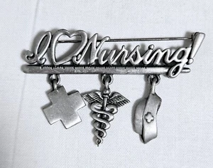 Vintage Signed JJ Brooch I Love Nursing Pin 3 Charms Silver Tone J4-2025 - Picture 1 of 3