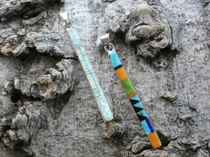 Southwestern Sterling Silver Gemstone Inlay Opal Double Sided Bar Pendant AE56 - Picture 1 of 7