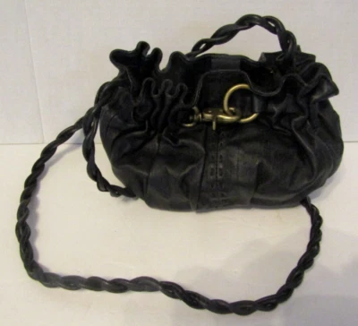 Adrienne Vittadini Crossbody Black Leather Braided Strap Small Lined Bucket Bag - Image 1 of 4