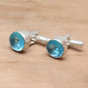 Gemelos de joyería étnica de plata hechos a mano con piedras preciosas de cuarzo azul suizo de 2,5"" - Imagen 1 de 7