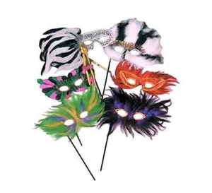 Feathered Baroque Fantasy Masquerade Eye Mask on Stick Party Costume Accessory - Picture 1 of 27