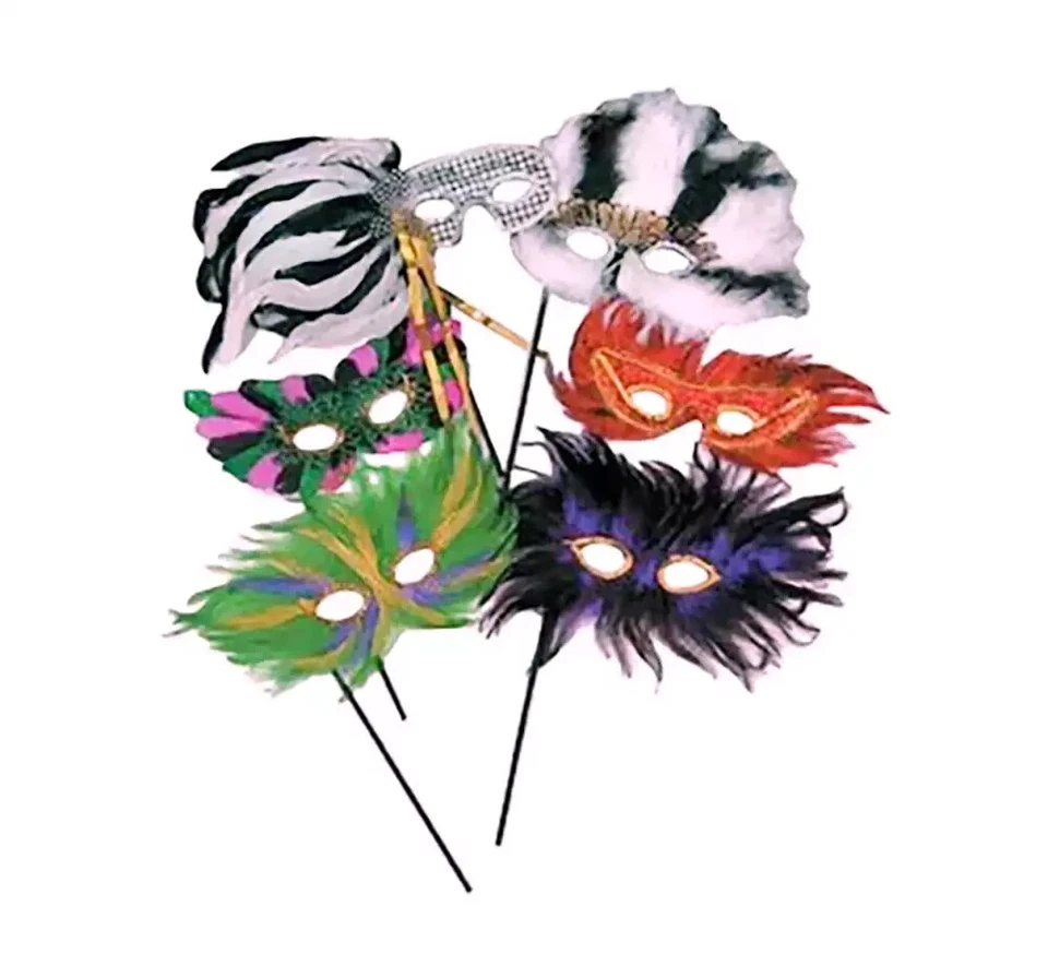 Feathered Baroque Fantasy Masquerade Eye Mask on Stick Party Costume Accessory - Image 1 of 4